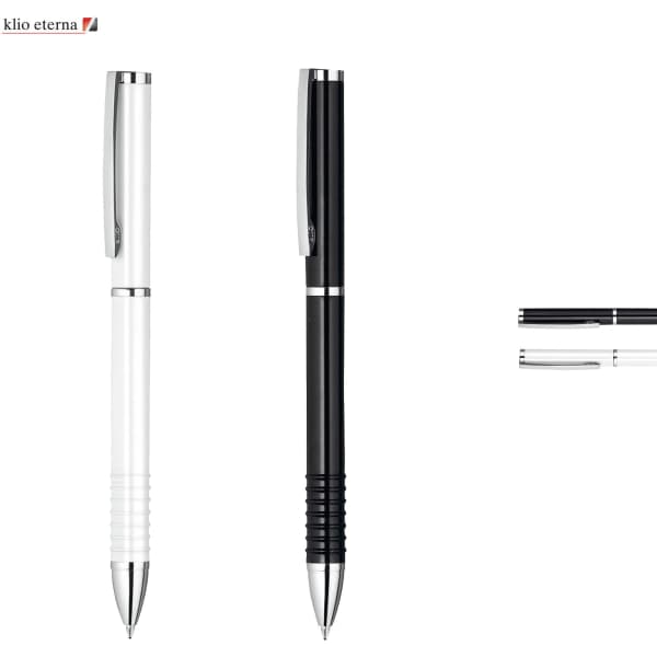 A set of two pens in white and black, featuring a sleek design and chrome accents. Includes a logo on the top left.