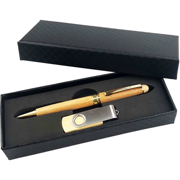 A wooden pen and metal USB drive displayed in a black gift box, featuring a sleek design and an elegant finish.