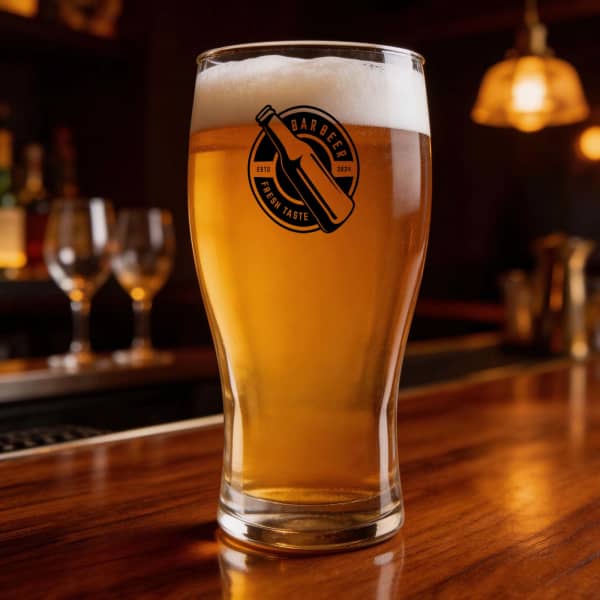 A clear, tall glass filled with light amber beer, topped with a frothy white head, featuring a logo.