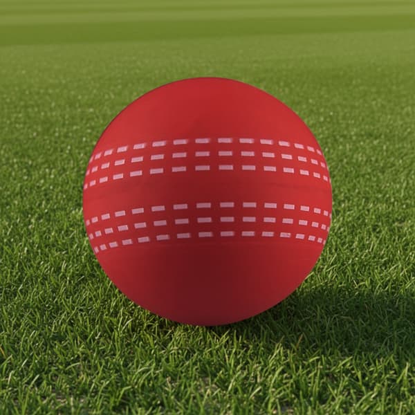 A red cricket ball with white stitching details resting on green grass. The ball features a logo.