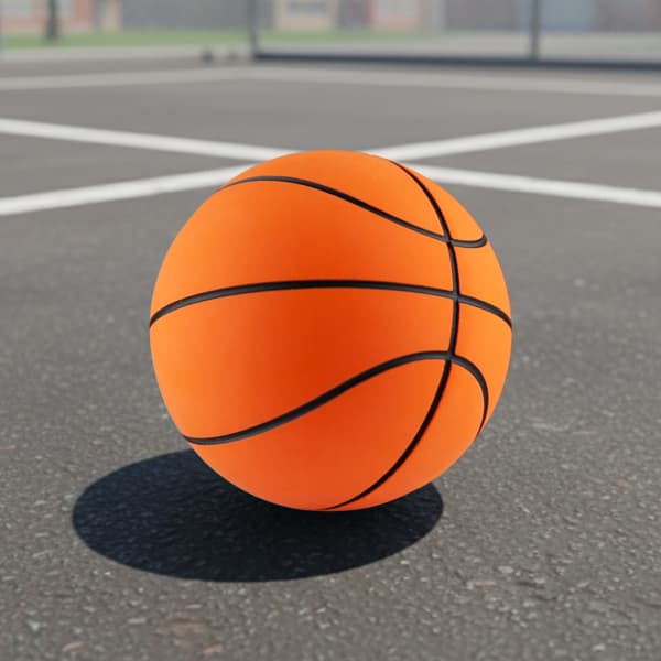 An orange basketball with black lines resting on a concrete surface in a sports court setting.