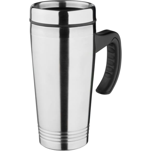 A travel mug with a shiny silver stainless steel body and a black handle, featuring a simple design.