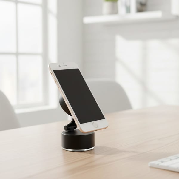 A black adjustable magnetic mobile stand holding a smartphone on a wooden desk, with a bright, sunlit background.