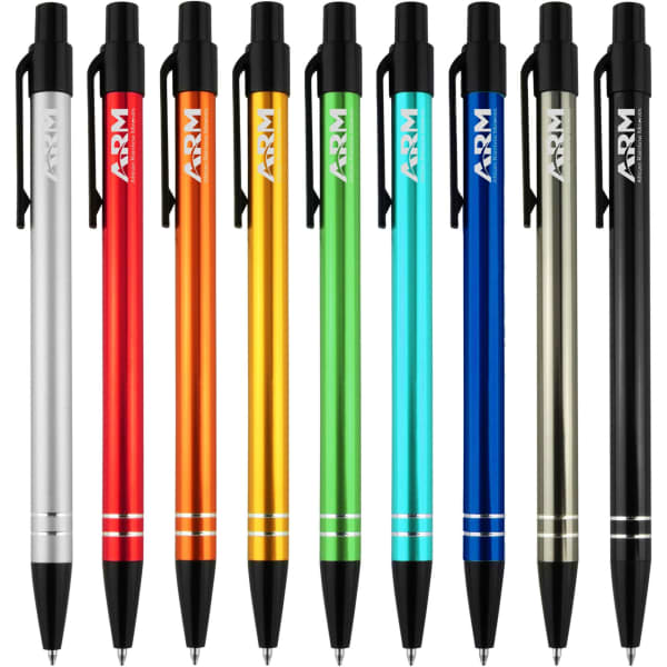 A collection of metal pens in silver, red, orange, green, blue, and gold, featuring a logo on each pen.
