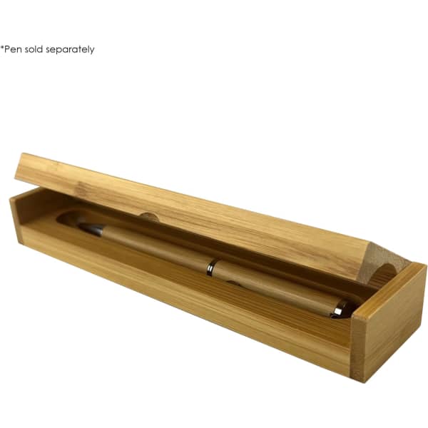 A bamboo gift box with a removable lid, containing a single pen. The box features a natural wood finish.