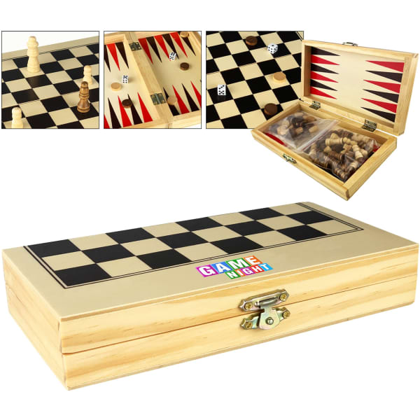 A 3-in-1 wooden play case in natural wood, featuring games like chess and backgammon, with a branded logo.