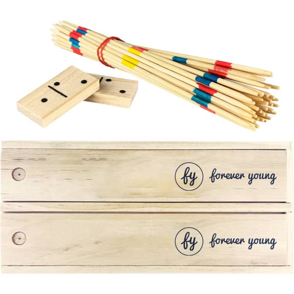 A wooden play set featuring colourful pick-up sticks and a set of dominoes, all in a natural wood finish.