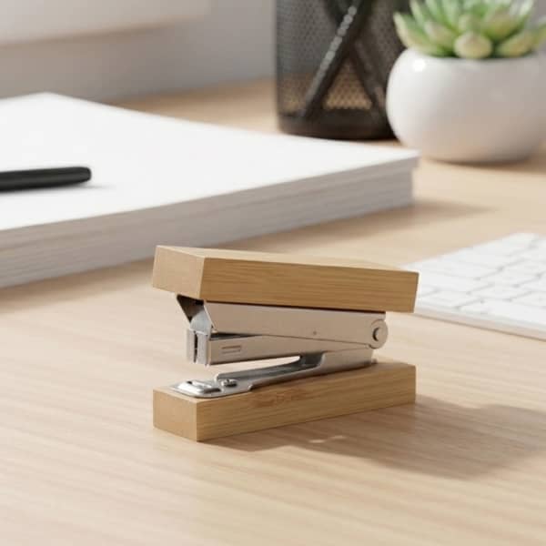 A bamboo stapler with silver metal components, placed on a wooden desk, alongside a plant and stationery items.