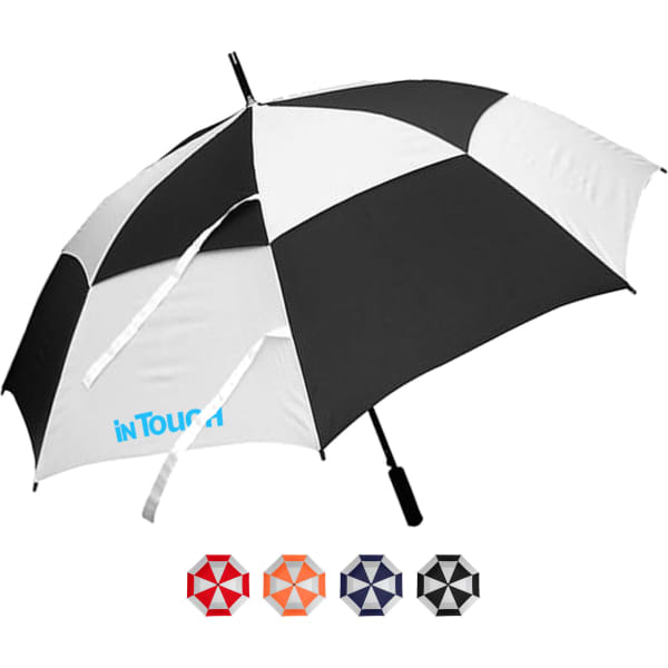 A black and white striped golf umbrella with a logo, featuring a slightly curved handle and four colour options below.