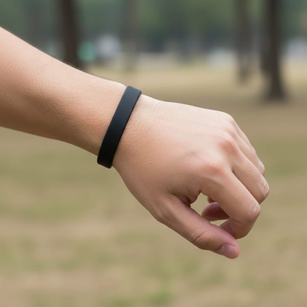 A thin black silicone wristband is worn on a person's wrist in an outdoor setting with blurred trees in the background.