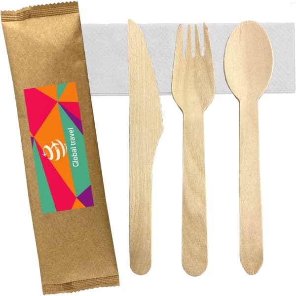 A wooden cutlery set featuring a knife, fork, and spoon, packaged in a brown wrap with a logo.