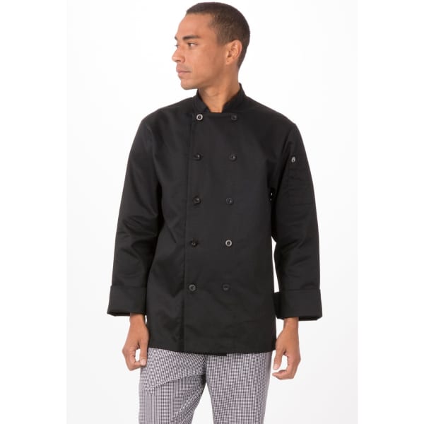 A black chef jacket features a double-breasted design with buttons and a logo on the sleeve.