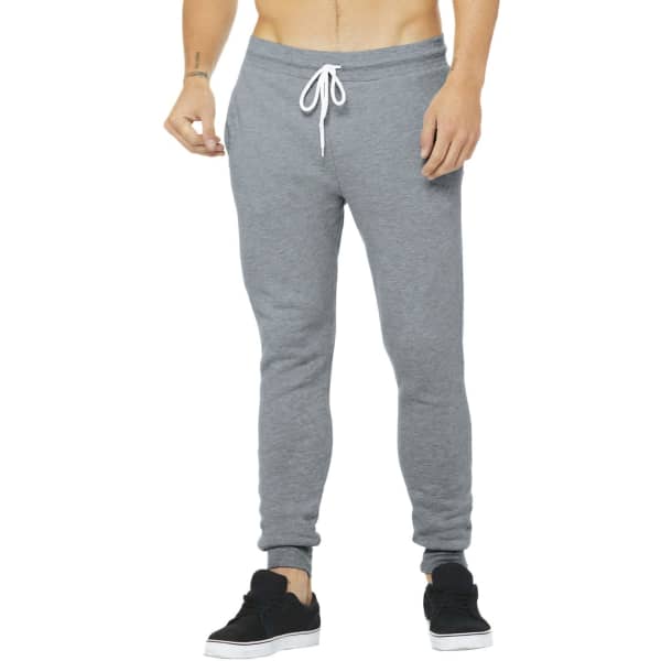 Unisex jogger sweatpants in grey, featuring a drawstring waist and tapered legs, with a logo on the leg.