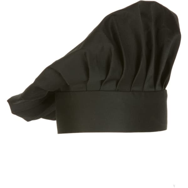 A black chef hat featuring pleats and a wide band, suitable for culinary use.