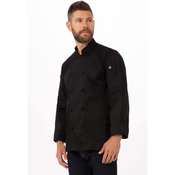 A black men's chef jacket with long sleeves and a double-breasted front, featuring a logo on the sleeve.