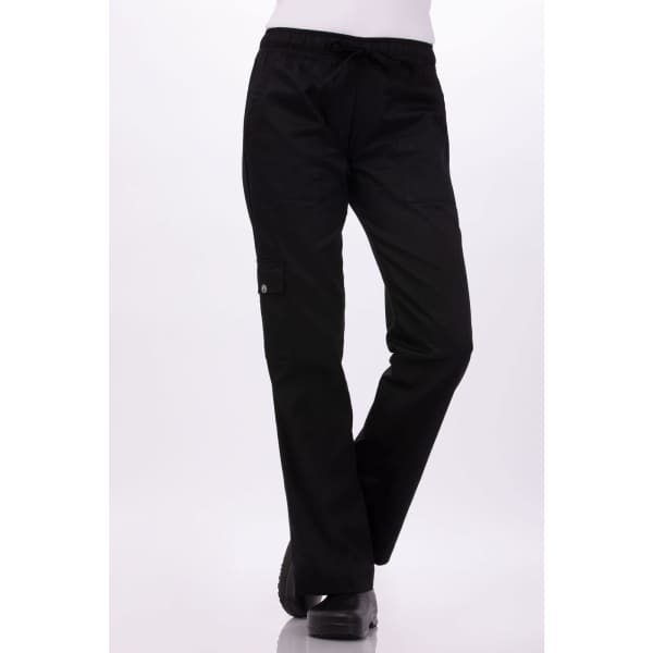 Black women's chef pants with a straight-leg design and side pockets, featuring a logo on the waistband.