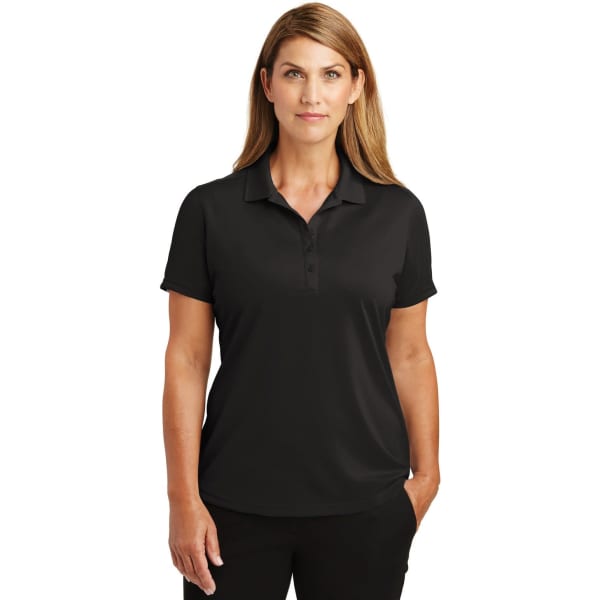 A black lightweight polo shirt for women, featuring a collar and a logo. Ideal for workwear.