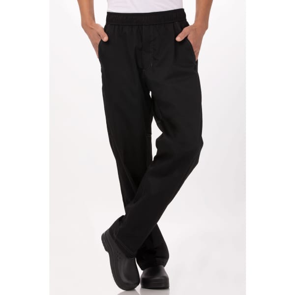 Black baggy chef pants with a relaxed fit, featuring pockets and an elastic waistband.