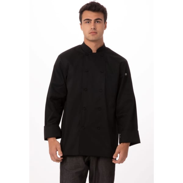 A black chef jacket for men with a double-breasted design and a logo on the sleeve.