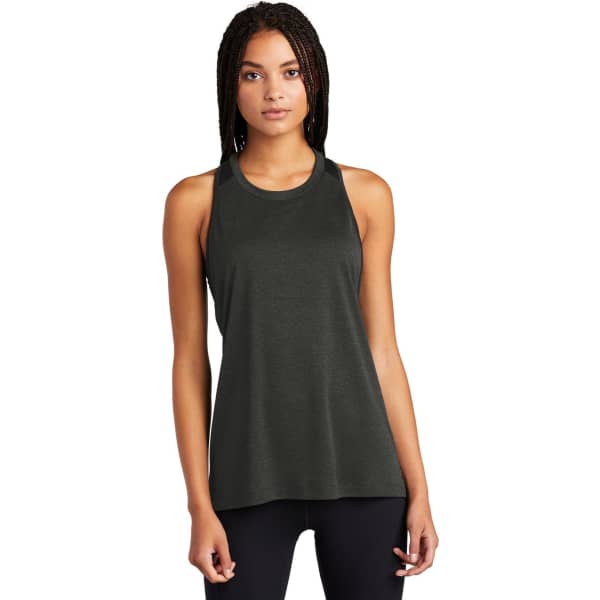 A black tank top featuring a sporty design, with a logo on the front. Suitable for athletic wear.