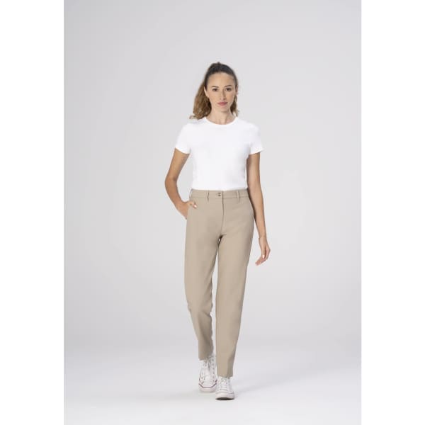 Chino women's poly stretch pants in beige, styled with a white t-shirt and white sneakers, displayed against a neutral background.