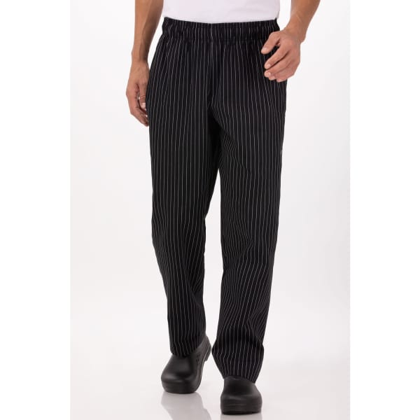 Baggy chef pants in black with white stripes, featuring an elastic waistband and relaxed fit. Includes a logo.