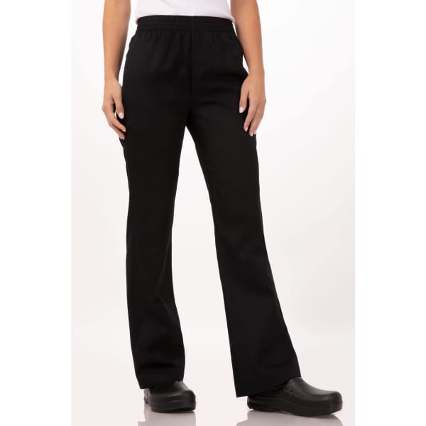 A pair of black women's chef pants with a relaxed fit and elastic waistband, featuring a logo.