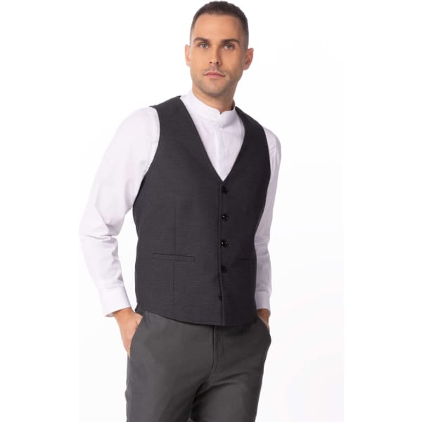 A grey men's vest featuring a button-up front and two pockets, styled with a white shirt underneath.