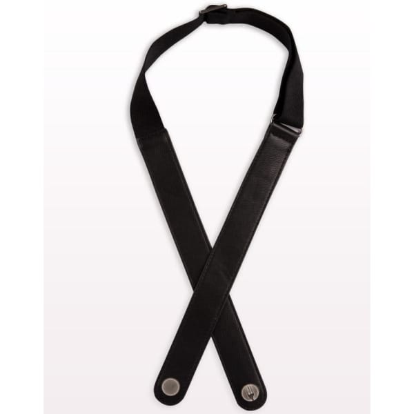 A black apron neck strap with adjustable lengths and a logo, designed for workwear use.