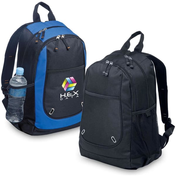 A blue and black backpack with a side pocket holding a drink bottle and featuring a logo on the front.
