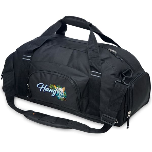 A black duffle bag with a shoulder strap and a front pocket, featuring a logo.