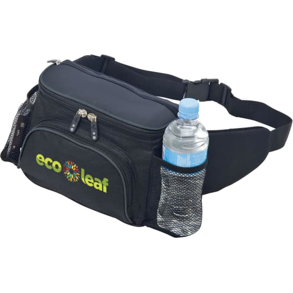 A black hiking waist bag with a drink bottle in a mesh pocket and a zippered compartment. It features a logo.