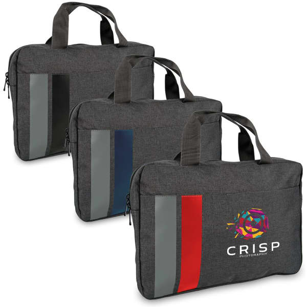 Three grey satchels featuring various coloured stripes and a logo on the front.