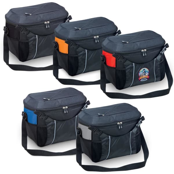Five insulated cooler bags in black with various coloured accents: orange, red, blue, and one featuring a logo.