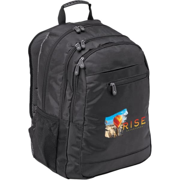 A black laptop backpack with multiple zippered compartments and a side mesh pocket. Features a colourful logo.