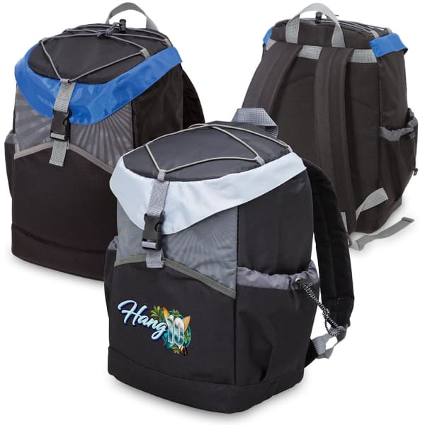A cooler backpack in black with blue and grey accents, featuring a logo and multiple zippered compartments.
