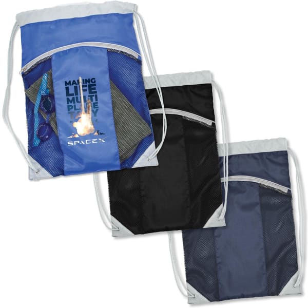 A set of three drawstring bags in blue and black, featuring mesh sides and a logo.