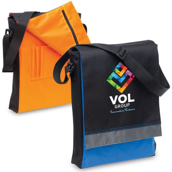 A black and orange satchel with a shoulder strap, featuring pockets and a logo.