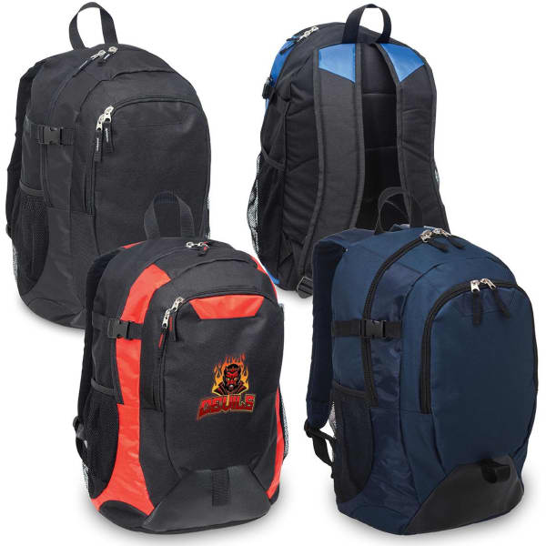 A collection of four laptop backpacks in black, navy, and red with different designs and a visible logo.