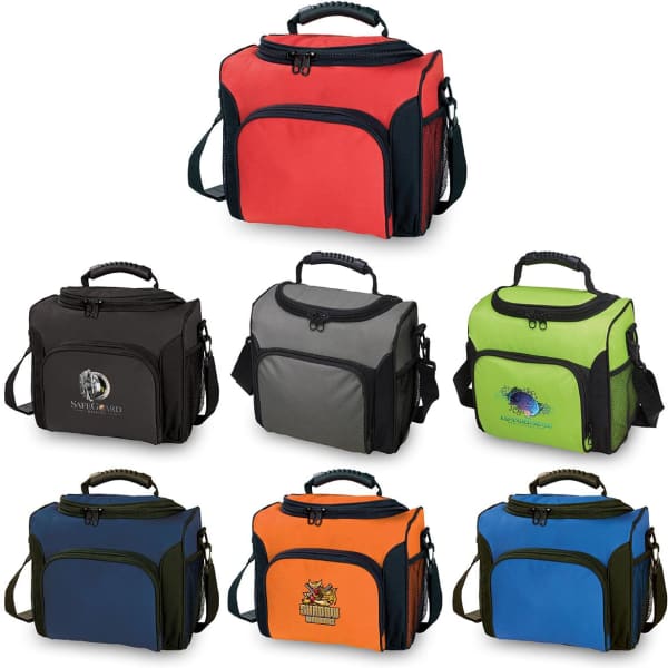 A collection of cooler bags in red, black, grey, green, blue, and orange, featuring various logos and designs.