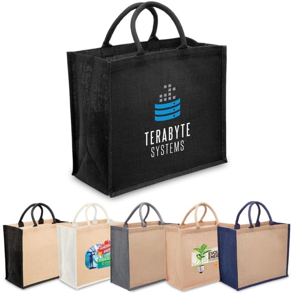 A black jute tote with wide gusset and handles, alongside totes in white, beige, and navy, featuring various designs.