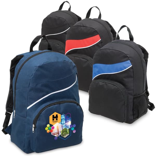 A collection of Twist Backpacks in navy, black with red, black with blue, and black, each featuring a logo.