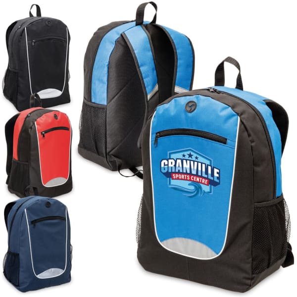 A series of Reflex Backpacks in black with blue, red, and navy options, each featuring a logo on the front.