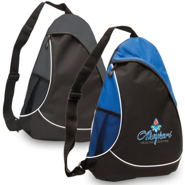 A black and blue Metro Sling bag featuring a logo, with a mesh side pocket and adjustable strap.