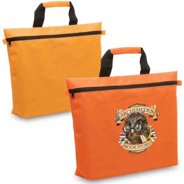 Two vibrant orange satchels with black handles and zippers, featuring a logo on one side.
