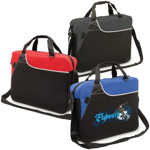 Three laptop bags in black, red, and blue, featuring handles and adjustable straps, with one bag displaying a logo.