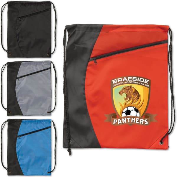 A drawstring bag in black, grey, light blue, and orange, featuring a logo on the orange variant.