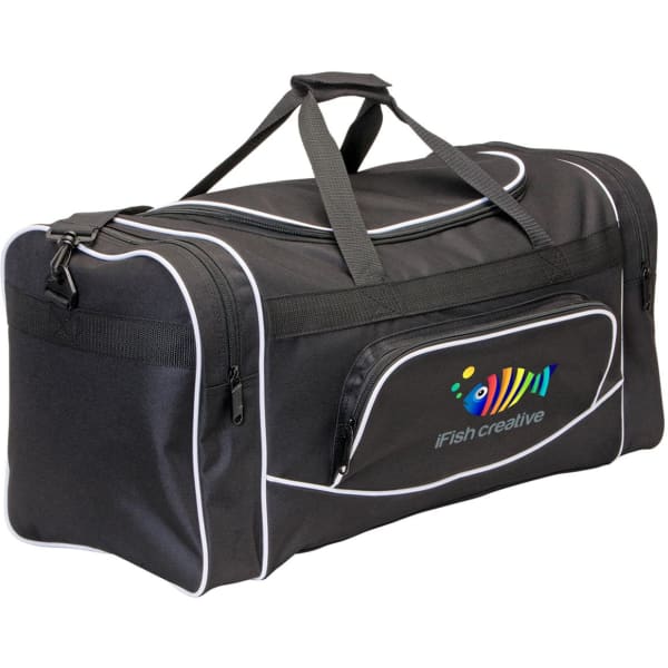 A black duffle bag with white accents and a logo on the front. It features a zippered pocket and sturdy handles.