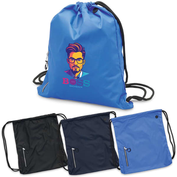 A blue drawstring bag with a logo, accompanied by black and navy versions featuring zip pockets.