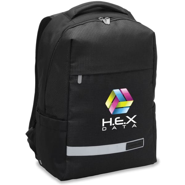 A black laptop backpack with a logo on the front and reflective strip. Features a sleek, modern design.